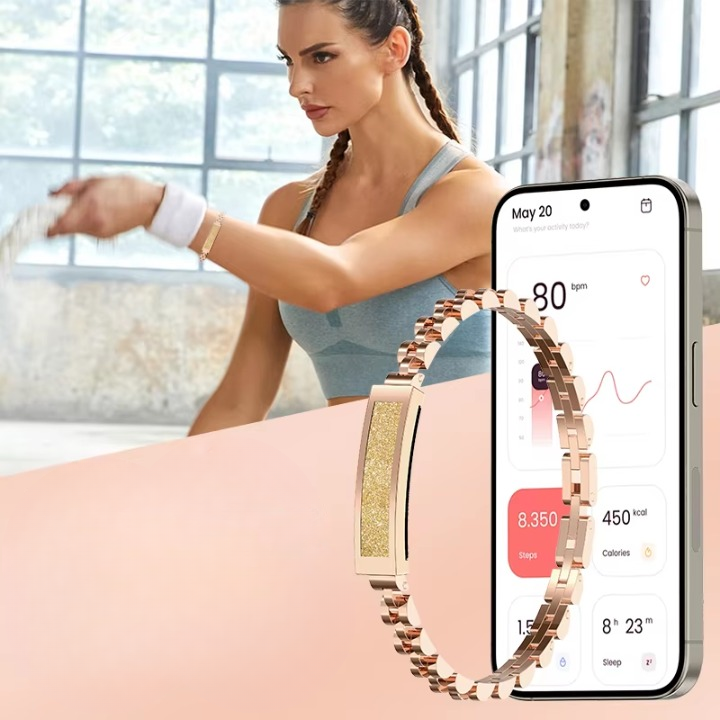 Pulseira Fitness Inteligente – Design de Joia em Aço Inoxidável e Rastreador Bluetooth