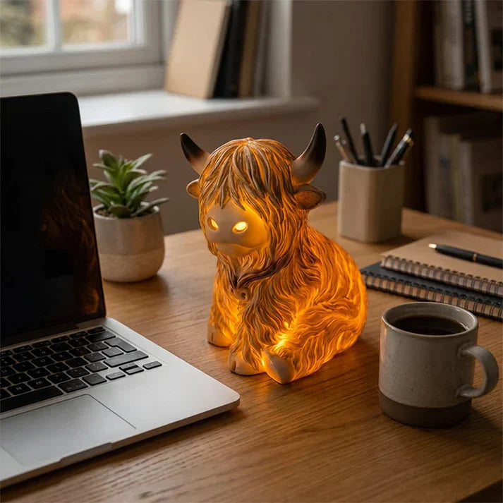 Luminária Noturna de Resina de Vaca Highland – Luz Âmbar Acolhedora e Abajur Decorativo