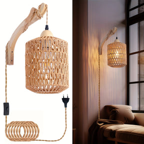 Boho Wood & Rattan Wall Lamp | Hand-Woven Plug-In Light