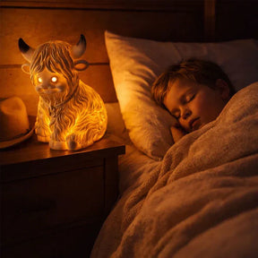 Luminária Noturna de Resina de Vaca Highland – Luz Âmbar Acolhedora e Abajur Decorativo