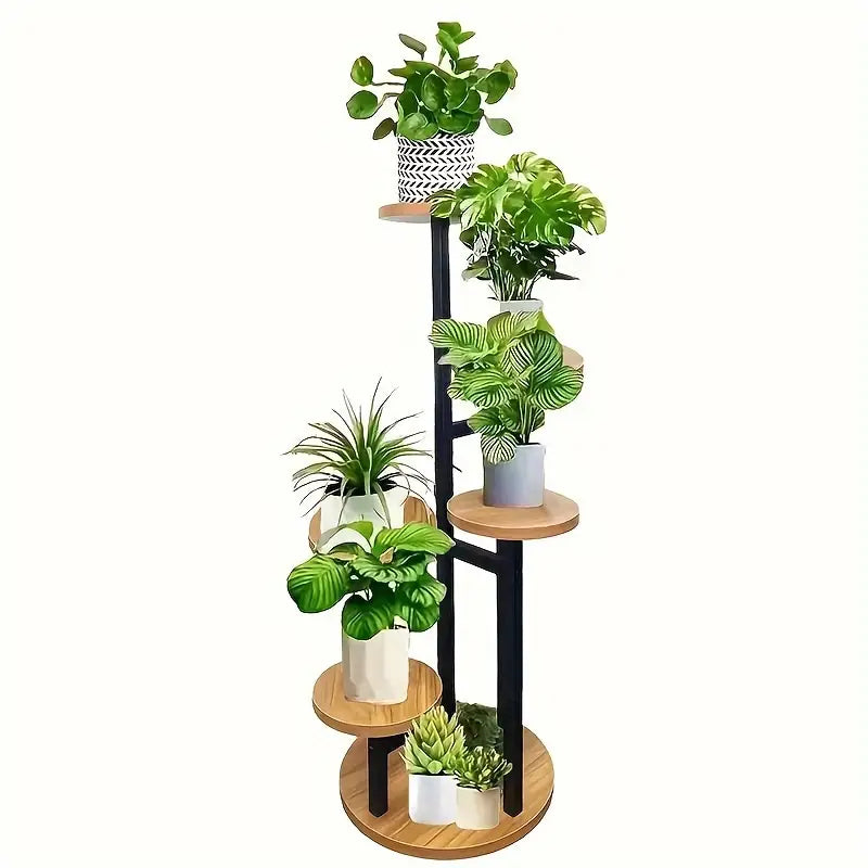 Suporte de Madeira para Plantas com 6 Níveis – Expositor Redondo de Vários Andares