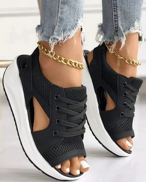 Contrast Paneled Cutout Lace-up Muffin Sandals