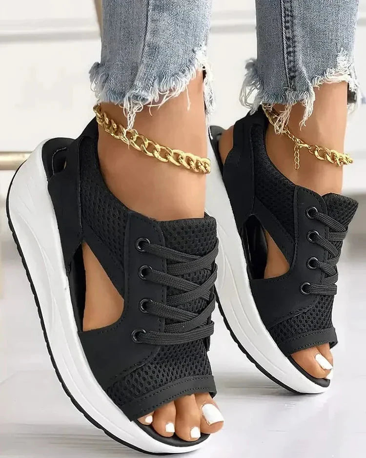 Contrast Paneled Cutout Lace-up Muffin Sandals