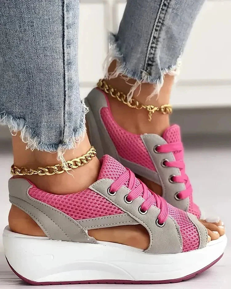 Contrast Paneled Cutout Lace-up Muffin Sandals