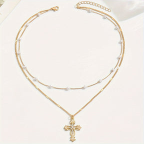 Necklace Cross Pendant Mothers Day Gold Layered Beaded Necklace