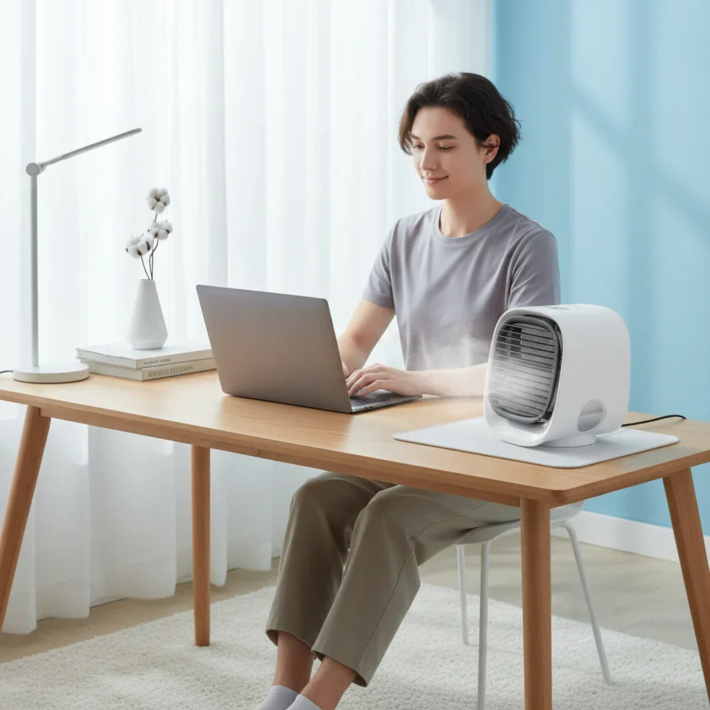 Ventilador Climatizador Evaporativo Elétrico - Resfriador de Ar Pessoal para Uso em Ambientes e Mesas