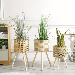 Suporte para Plantas de Bambu Estilo Boêmio | Cachepô de Rattan Feito à Mão com Pés de Madeira
