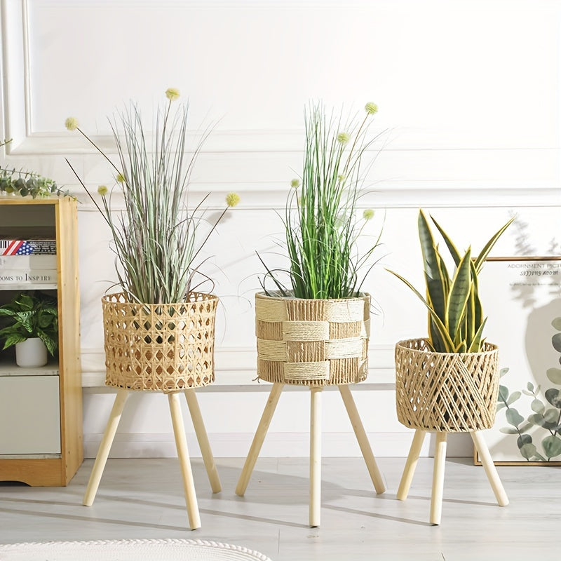 Suporte para Plantas de Bambu Estilo Boêmio | Cachepô de Rattan Feito à Mão com Pés de Madeira