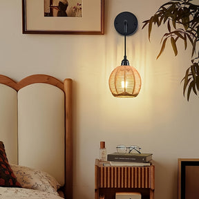 Boho Rattan Wall Lamp | Handwoven Bedside & Living Room Sconce