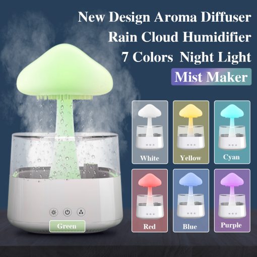 Luminária de Mesa 2 em 1: Umidificador de Nuvem de Chuva, Difusor de Óleo Essencial Zen e Abajur de Cogumelo com Efeito de Chuva