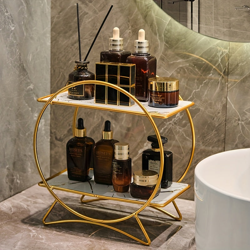 Organizador de Banheiro de Duas Camadas com Base de Orelha de Gato | Prateleira Elegante de Metal para Cosméticos e Skincare