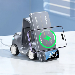 Carregador sem fio 5 em 1 com design de empilhadeira, despertador e luz noturna