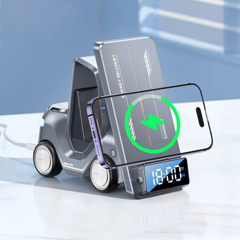 Carregador sem fio 5 em 1 com design de empilhadeira, despertador e luz noturna
