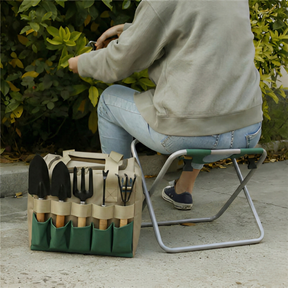Conjunto de Ferramentas de Jardim com Banco Dobrável Portátil