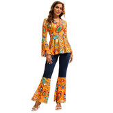 Fantasia de Halloween Adulta Conjunto Hippie Retrô de Calça Boca de Sino