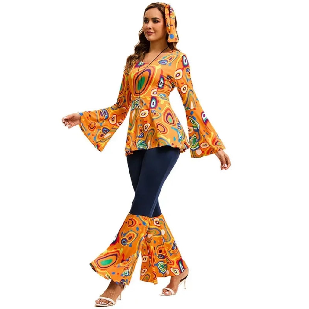 Fantasia de Halloween Adulta Conjunto Hippie Retrô de Calça Boca de Sino