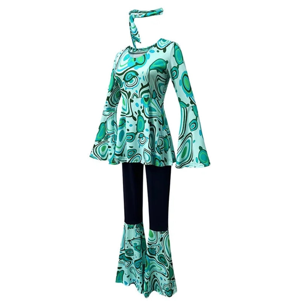 Fantasia de Halloween Adulta Conjunto Hippie Retrô de Calça Boca de Sino