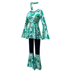 Fantasia de Halloween Adulta Conjunto Hippie Retrô de Calça Boca de Sino