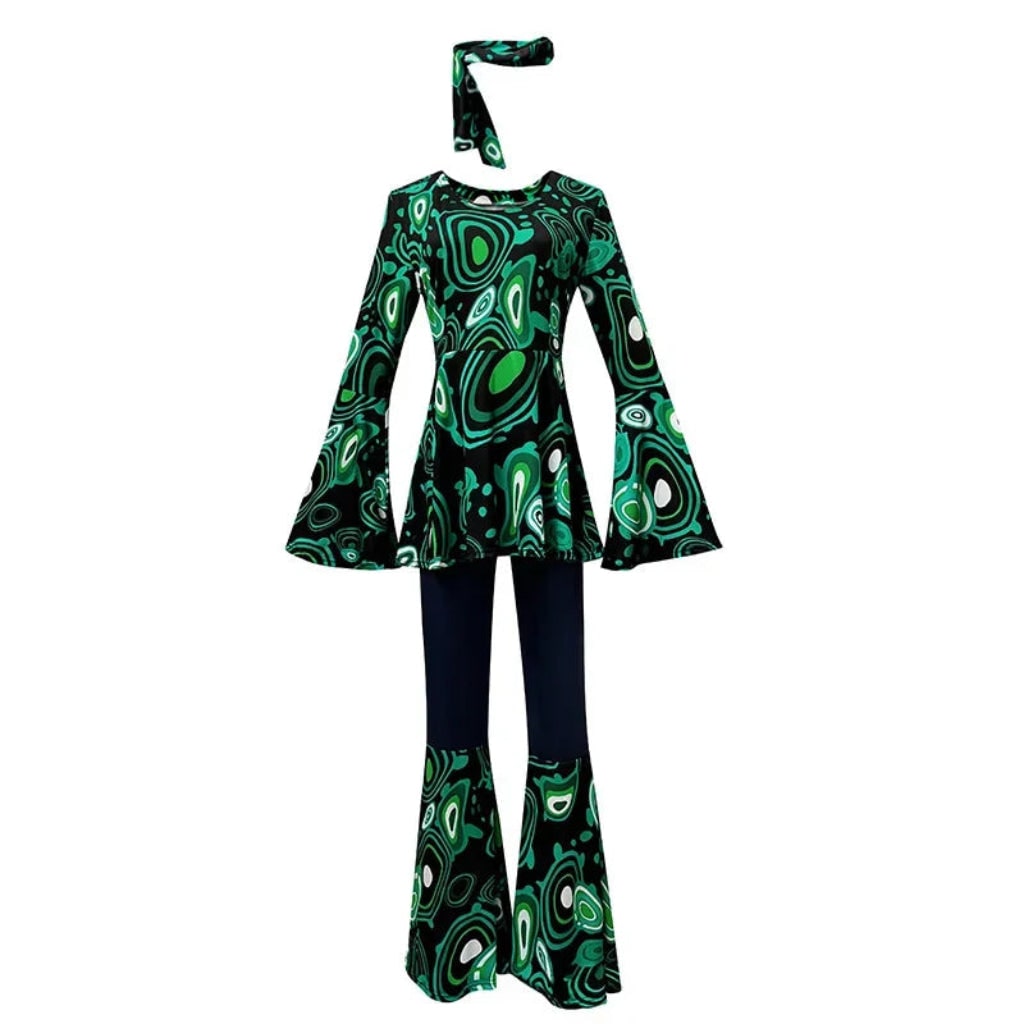 Fantasia de Halloween Adulta Conjunto Hippie Retrô de Calça Boca de Sino
