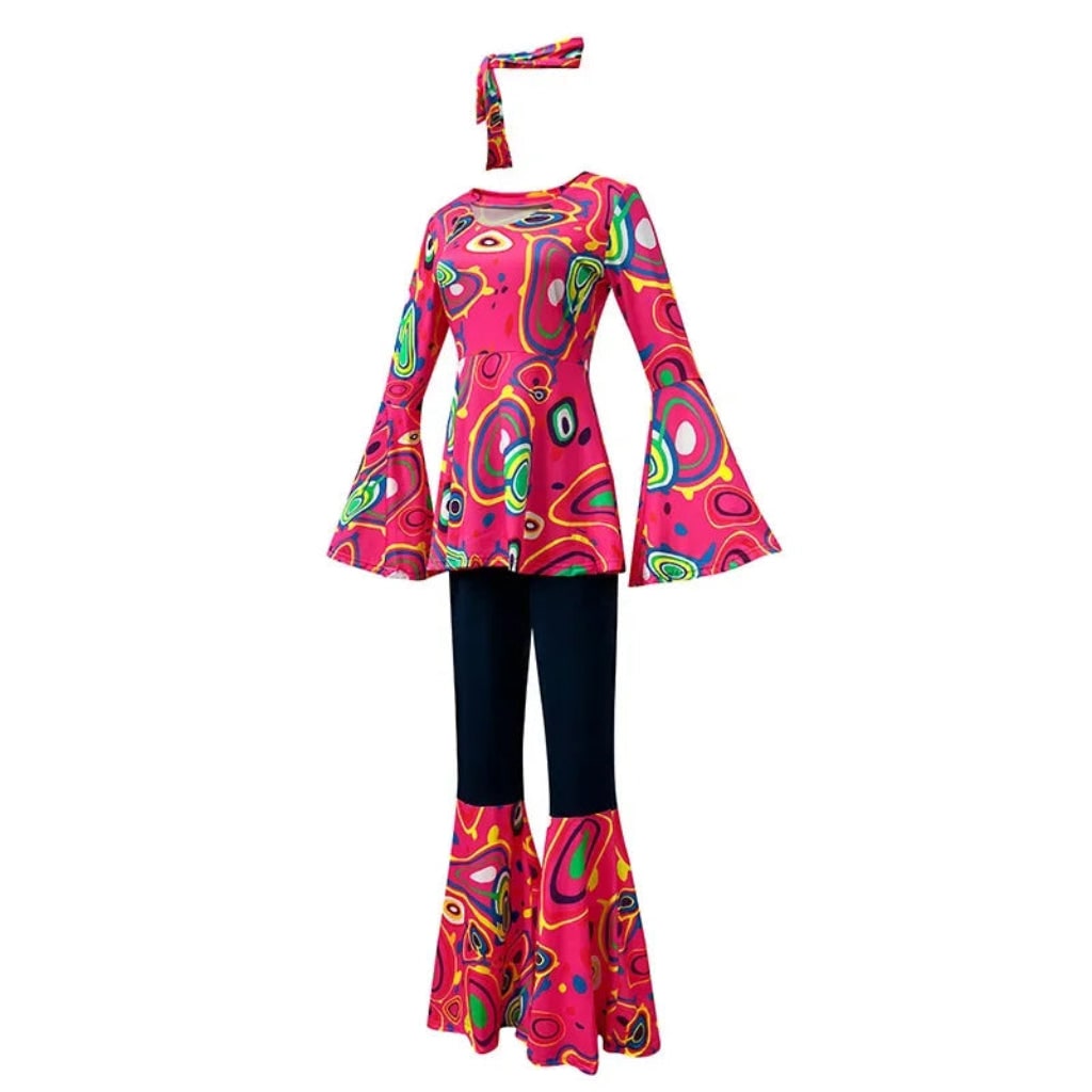 Fantasia de Halloween Adulta Conjunto Hippie Retrô de Calça Boca de Sino