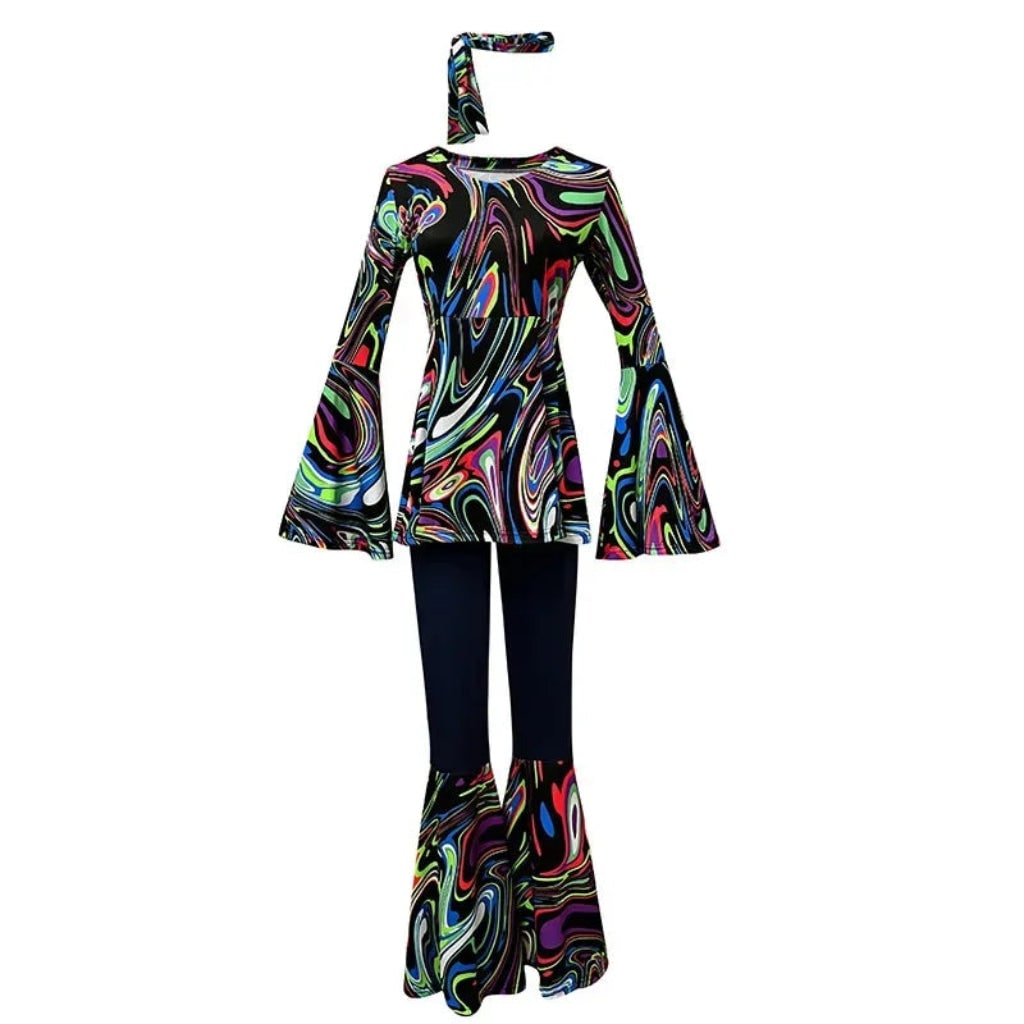 Fantasia de Halloween Adulta Conjunto Hippie Retrô de Calça Boca de Sino