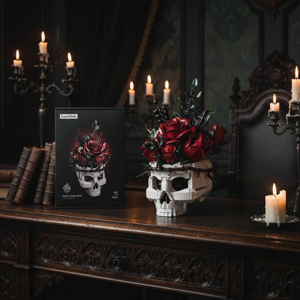 Arranjo de Flores Gótico com Design de Caveira para Decoração de Halloween