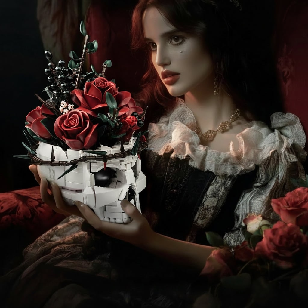 Arranjo de Flores Gótico com Design de Caveira para Decoração de Halloween