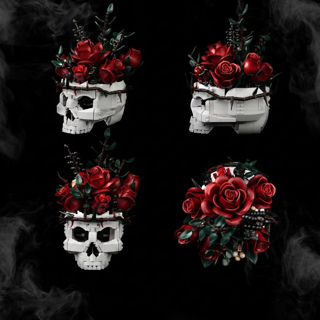 Arranjo de Flores Gótico com Design de Caveira para Decoração de Halloween