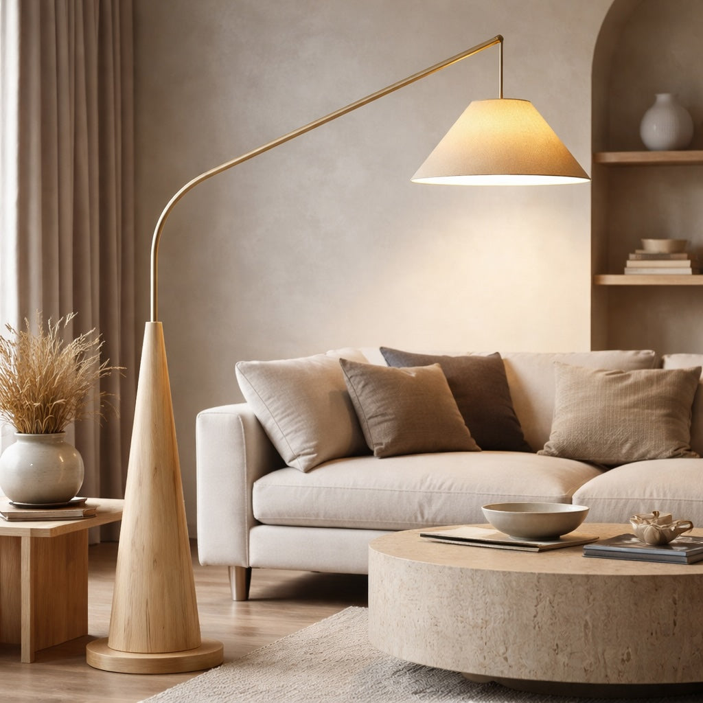 Curved Metal Floor Lamp – Oak & Gold – floor lamp image 4