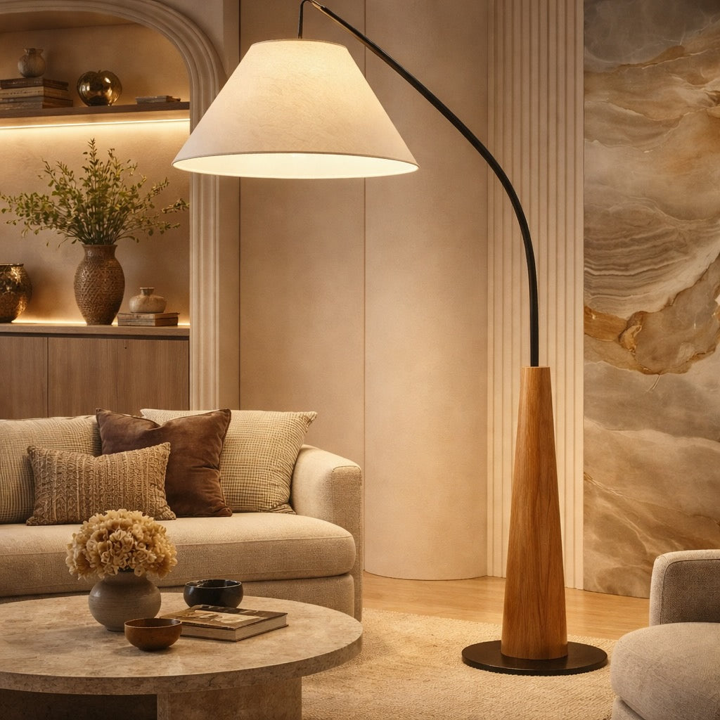 Curved Metal Floor Lamp – Oak & Black – floor lamp image 5