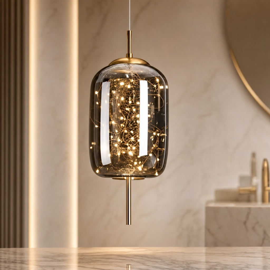 Smoky Glass Geometric Pendant Light – Cylindrical, Smokey Gray, Cold White – pendant light image 9