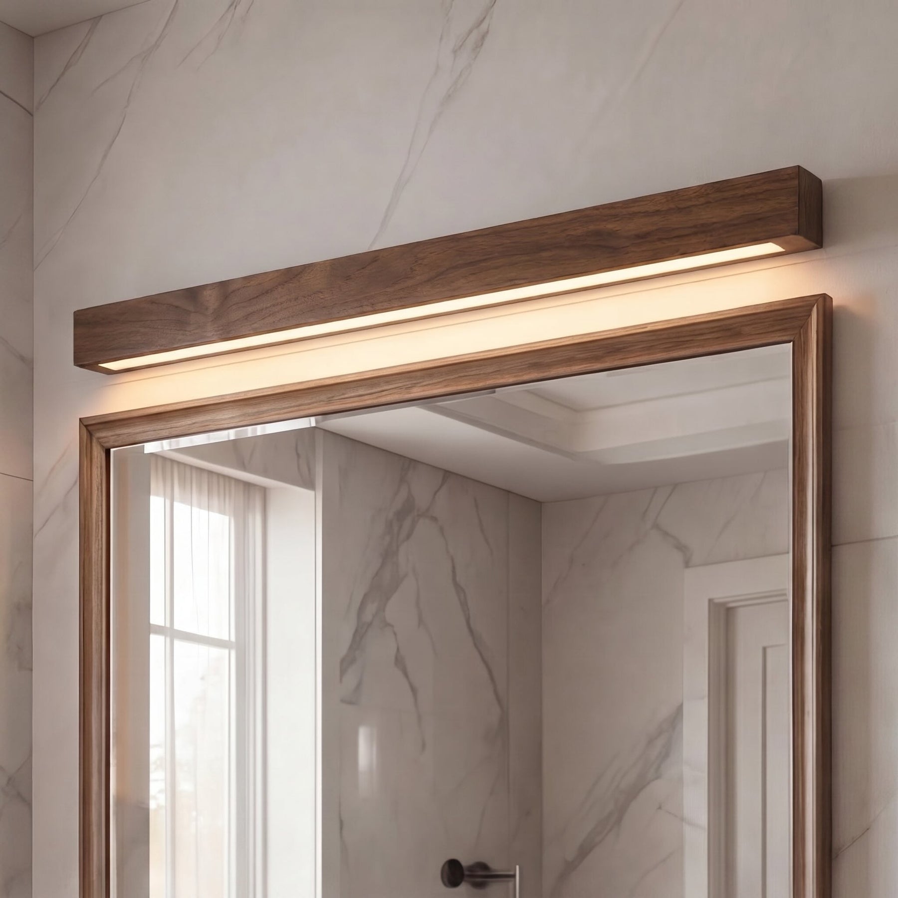 Linear Wood LED Wall Light – Up & Down Lighting: ⌀ 47.2″ x W 1.8″ x H 1.8″, Walnut Color, Triac Dimmable Warm Light – product