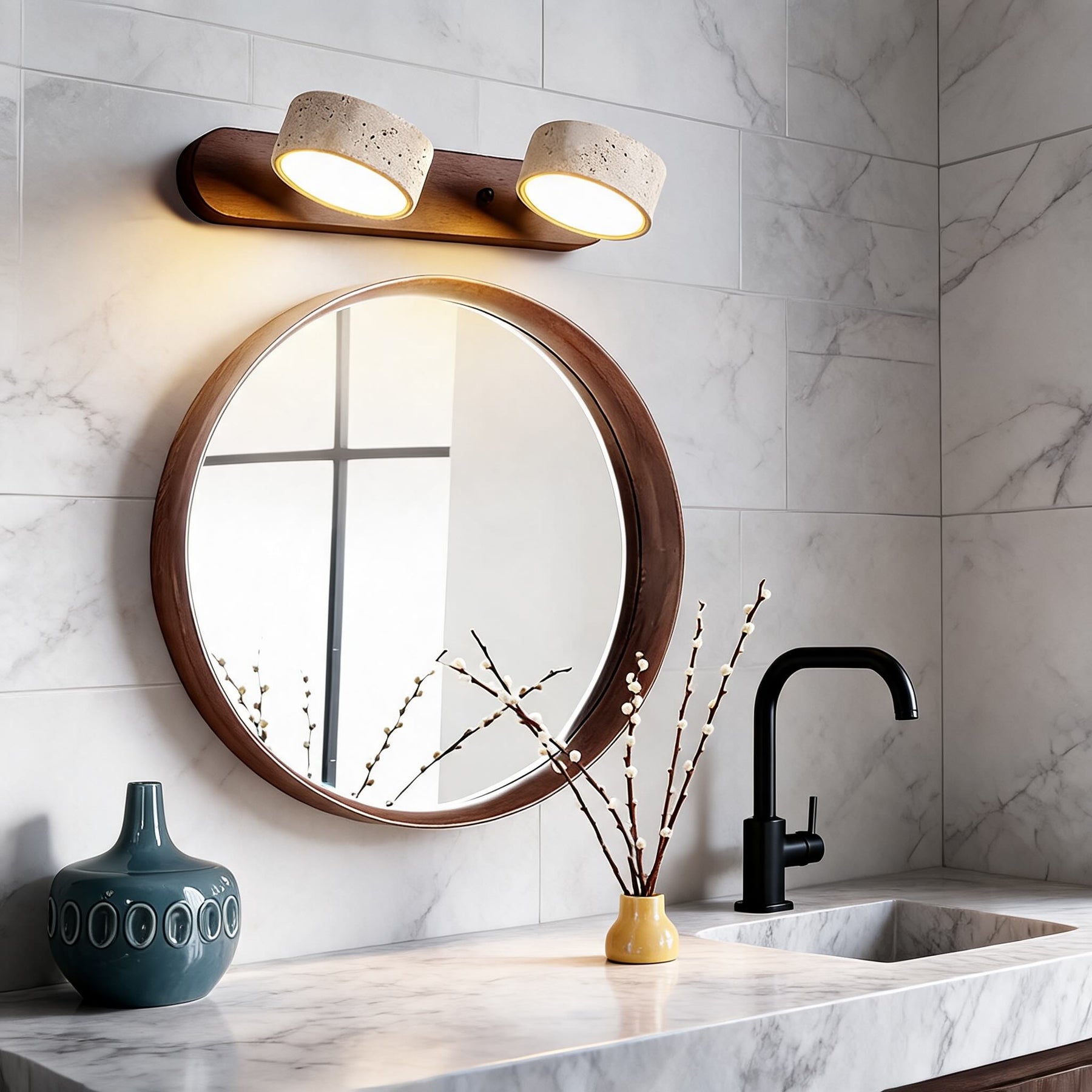 Rustic Wood & Stone Vanity Light – Brown, D12.6"xH1.6" (2-Head), Warm Light – product image 5