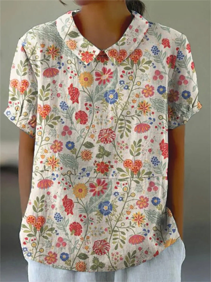 Camisa Feminina Casual de Algodão e Linho, Estampa Floral Pastoral