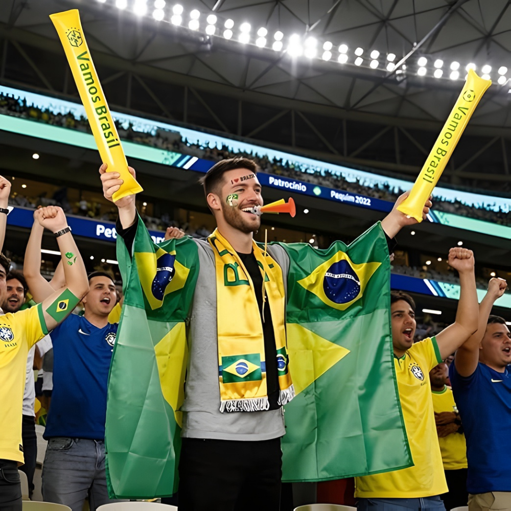 Kit de Torcedor de Futebol Bandeira do Brasil Conjunto de Festa Capa Cachecol Corneta