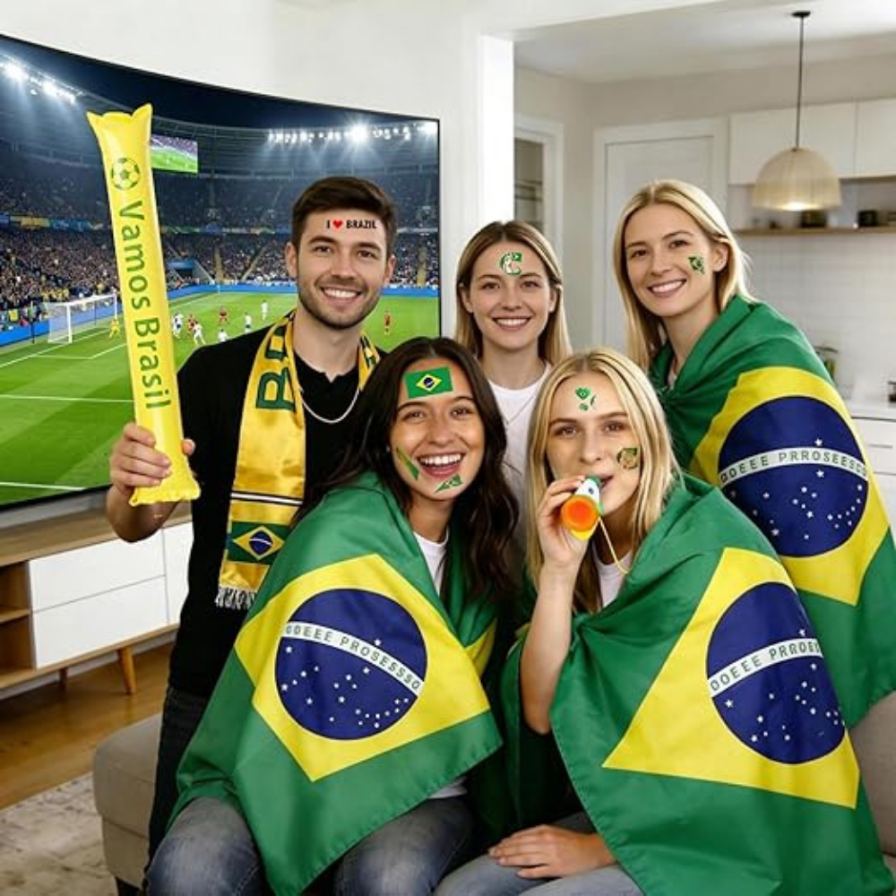 Kit de Torcedor de Futebol Bandeira do Brasil Conjunto de Festa Capa Cachecol Corneta