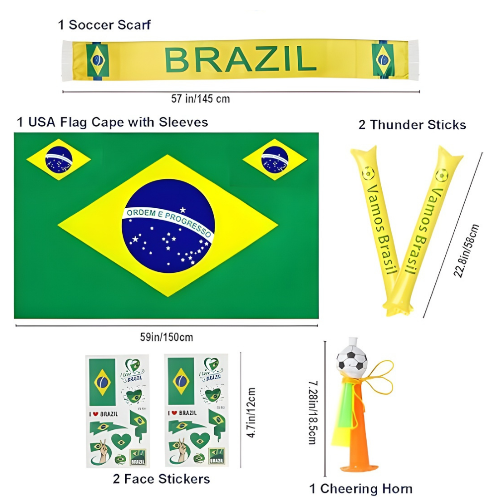 Kit de Torcedor de Futebol Bandeira do Brasil Conjunto de Festa Capa Cachecol Corneta