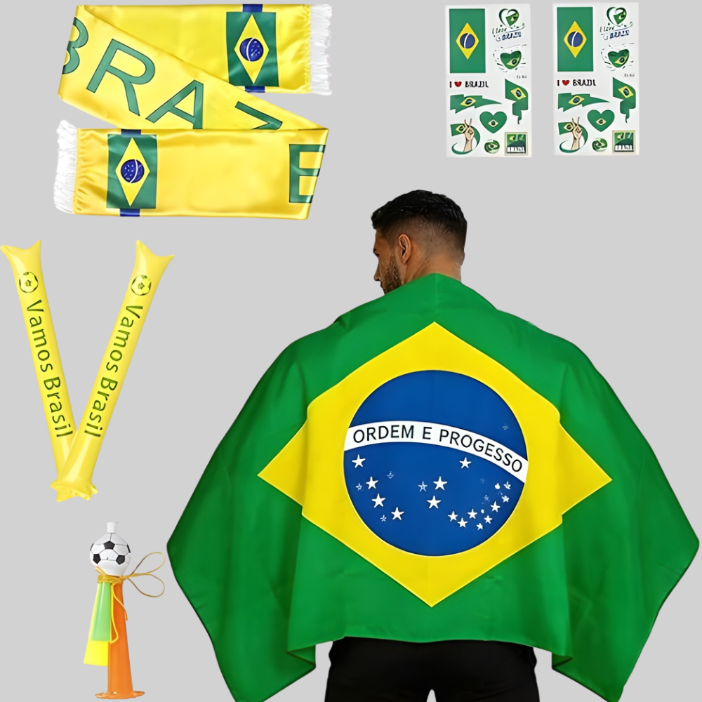 Kit de Torcedor de Futebol Bandeira do Brasil Conjunto de Festa Capa Cachecol Corneta