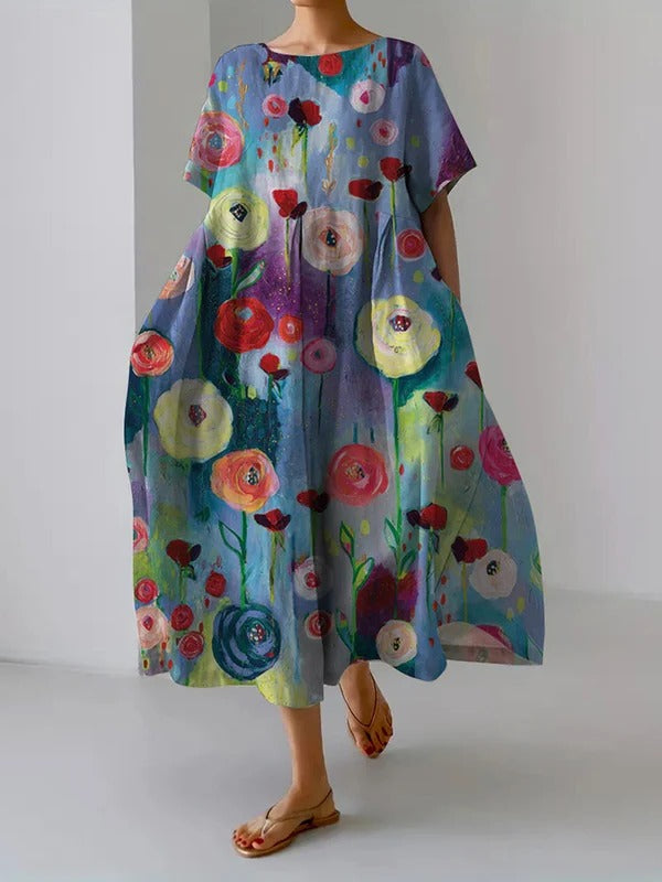 Vestido Feminino Solto com Estampa de Pintura a Óleo