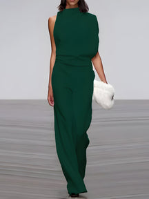 Women's round-neck, sleeveless jumpsuit with flared legs