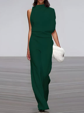 Women's round-neck, sleeveless jumpsuit with flared legs