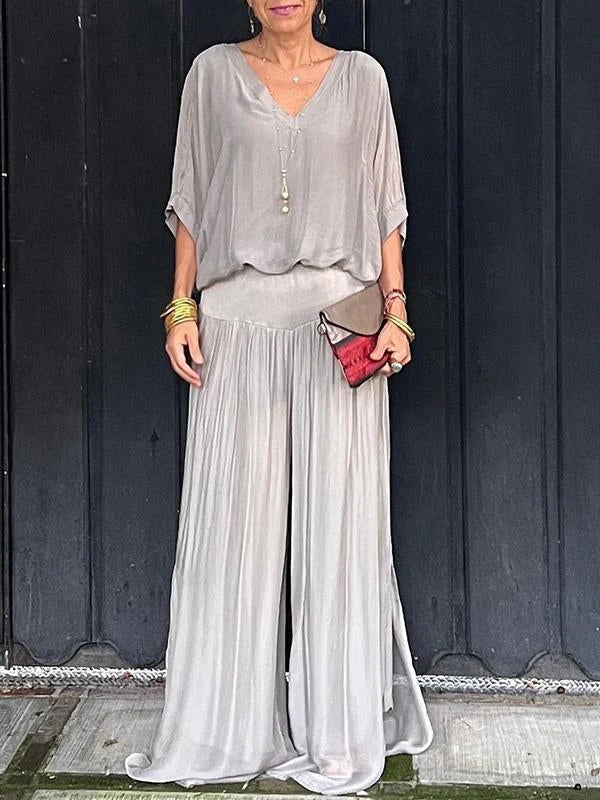 Elegante conjunto de duas peças com calça pantalona em chiffon
