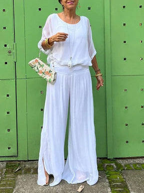 Elegante conjunto de duas peças com calça pantalona em chiffon