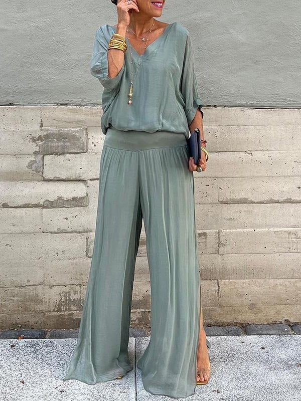 Elegante conjunto de duas peças com calça pantalona em chiffon