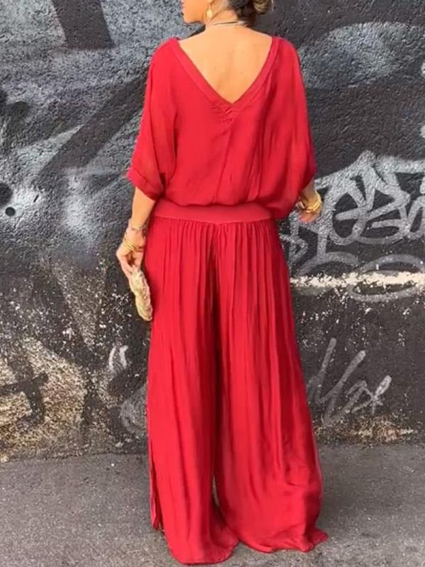 Elegante conjunto de duas peças com calça pantalona em chiffon