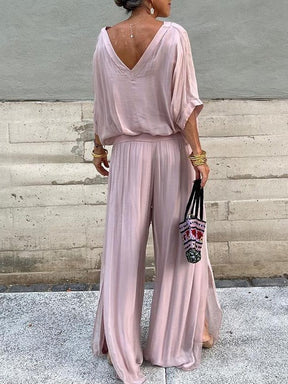 Elegante conjunto de duas peças com calça pantalona em chiffon