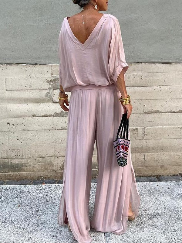 Elegante conjunto de duas peças com calça pantalona em chiffon