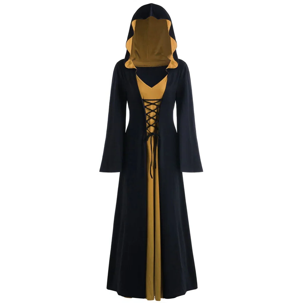Vestido Medieval Oficial Vampira Bruxa Feminino Manto com Capuz e Amarração