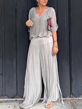 Elegante conjunto de duas peças com calça pantalona em chiffon