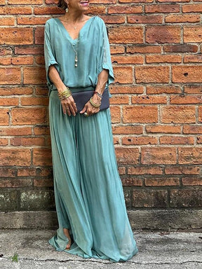 Elegante conjunto de duas peças com calça pantalona em chiffon